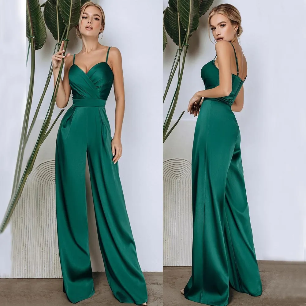 Vestidos elegantes de saltos de salto de baile de baile de baile de pavaghetti de decote calças sem mangas de calça de noite