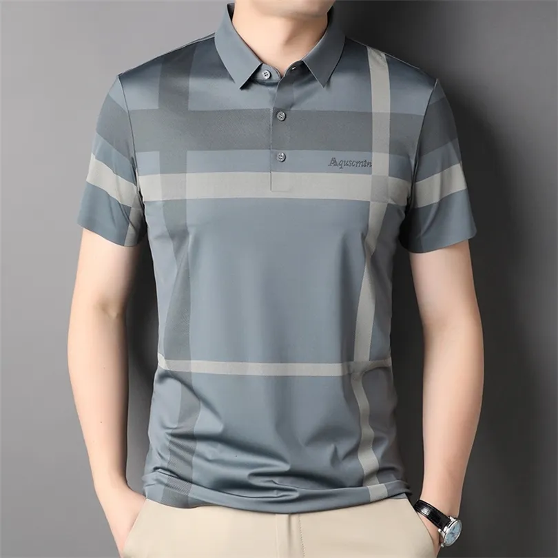 MLSHP Summer Short Sleeve Mens Polo Shirts Luxury Loose Wide Striped Business Casual Thin Male Topps Fashion Man Tees 3XL 220708