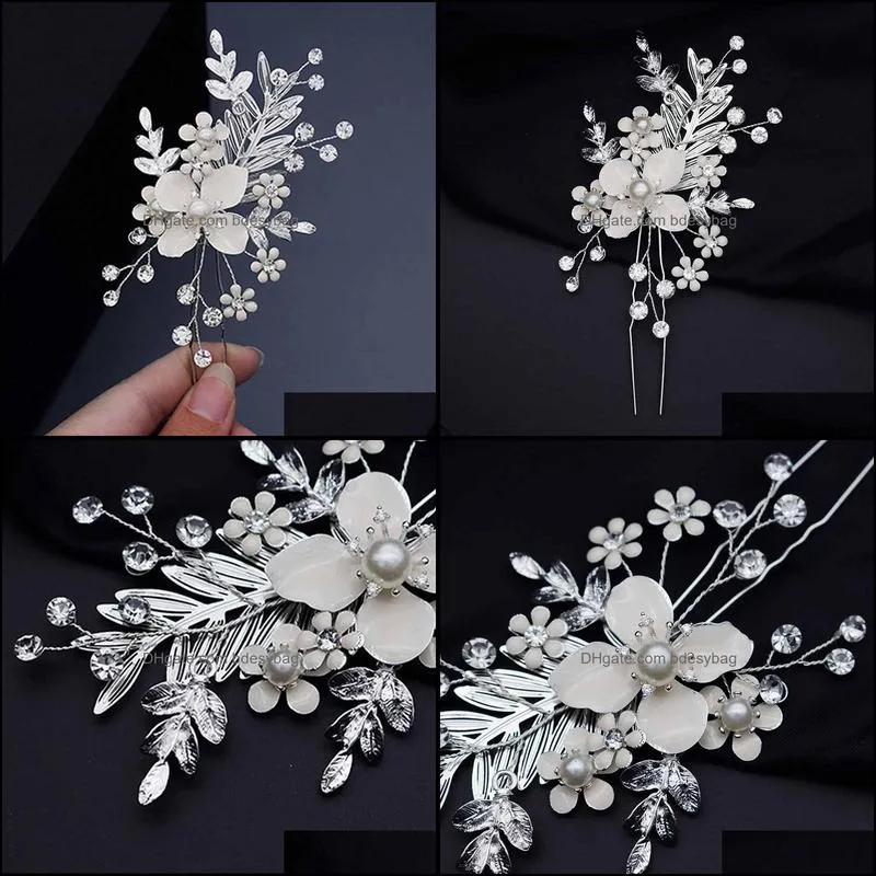 acrddk imitation pearls flower hair clip silver color alloy leaf hairpin bridal wedding hair jewelry accessories headpeice