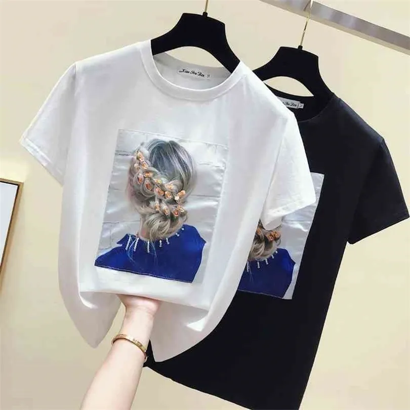 gkfnmt Corée Style Mode T-shirt Femmes Tops Coton À Manches Courtes Appliques Blanc T-shirt Femmes D'été Top Noir T-shirt 210322