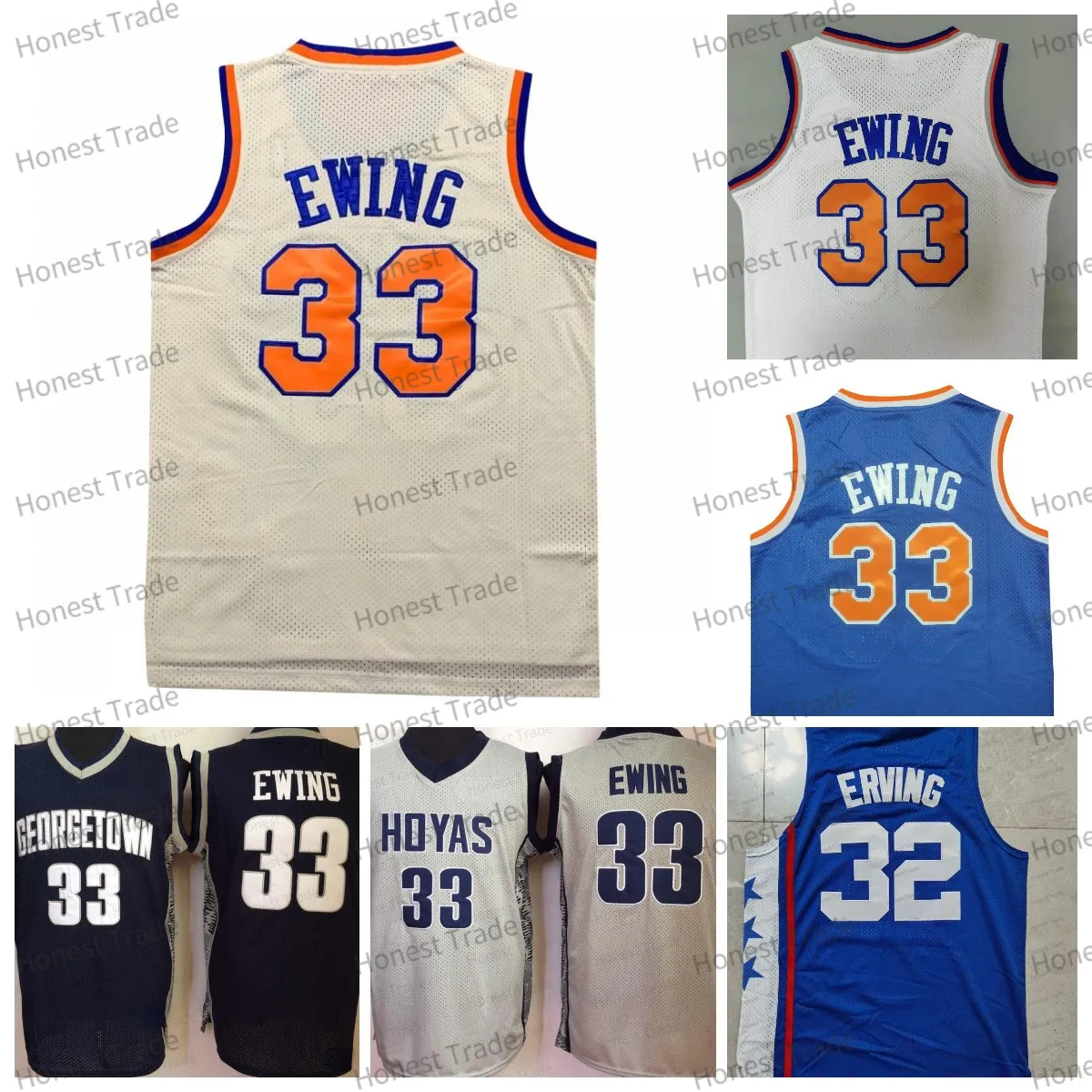 빈티지 농구 저지 32 Julius 6 ERVING BLUE 33 PATRICK EWING GEOGGETOWN HOYAS ALONZO MOURNING NASH 스티치 남성 검은 화이트 레트로 대학 고등학교 유니폼