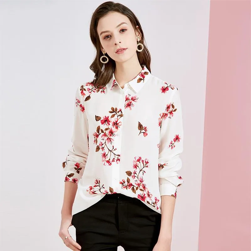 Blouses voor vrouwen shirts vrouwen tops en witte zijden rode bloemen hoge kwaliteit OL 2022 zomerkantoor lange mouw casual sexy plus sizewomen's