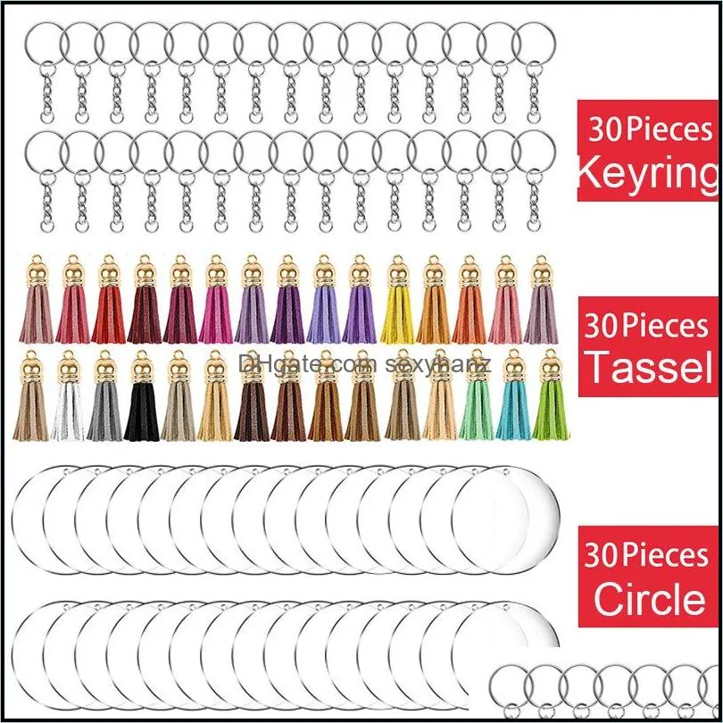 bulk 90pcs acrylic keychain blank making kit 30pcs clear blanks/tassels/key rings with chain for diy projects crafts w47f