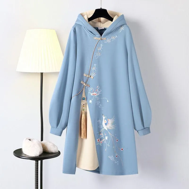 Abito da abbigliamento etnico Primavera da donna Stile tradizionale cinese Hanfu Cheongsam Abito ricamato ricamato migliorato 2022 Felpa con cappuccio Vestido