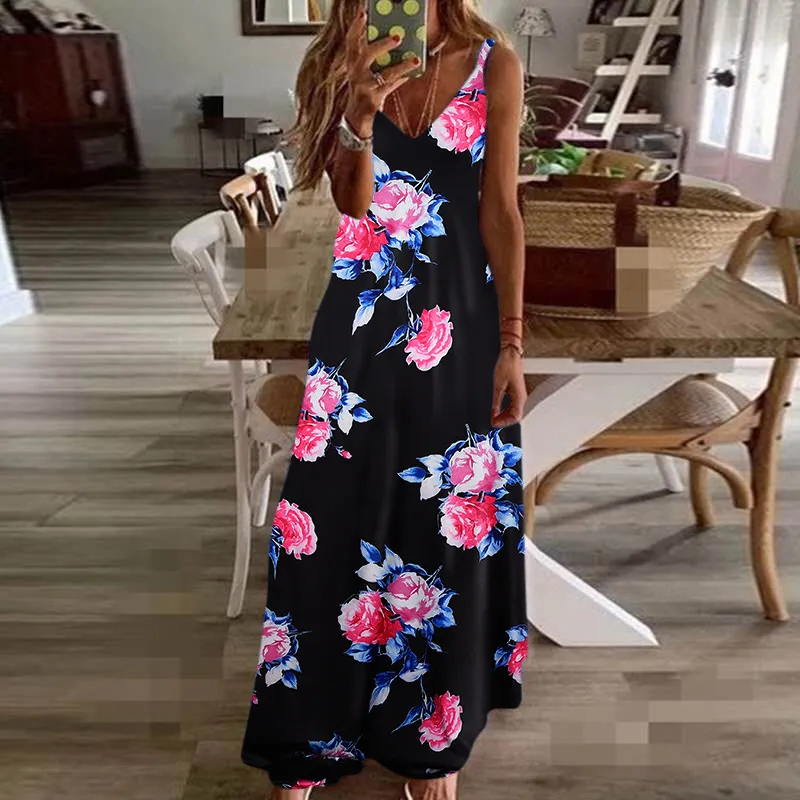 Casual Dresses Women Sexy Boho Style Printed Maxi Dress Summer Long Sleeveless V Neck Plus Size Ladies Loose Vestido S-5XL