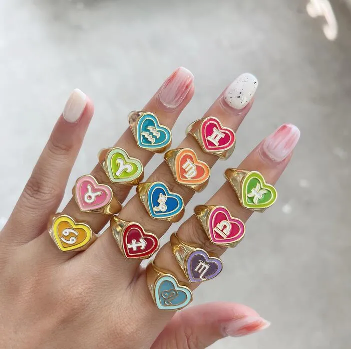 Star Zodiac Sign Band Ring Candy Color Material Copper Double Love Heart 12 Constellation Anelli per donne Gioielli Fashion Fashion