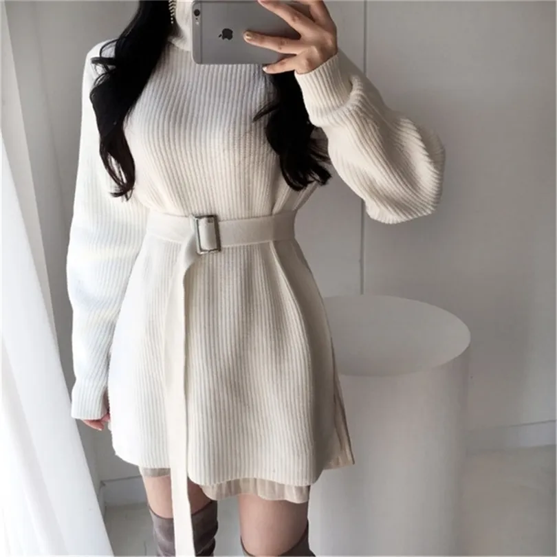 Elegant tunika bältesvingad klänning Kvinnor Autumn Winter Sweater Dress Fashion Korean Turtleneck Side Split Pullover Dress Vestido 201110