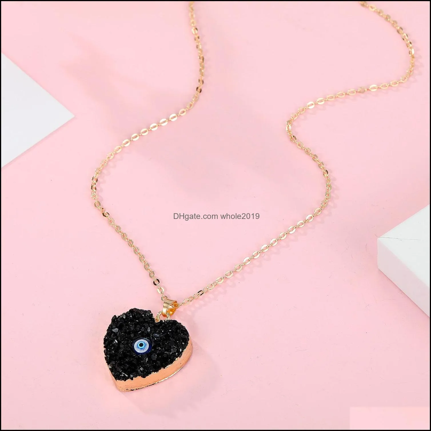simple heart evil eye druzy drusy pendant necklace women resin handmade clavicel chains necklaces for female christmas imitation natural stone