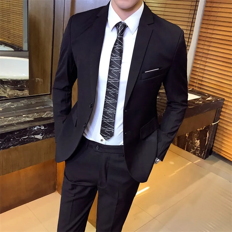 Suit Coat + Pants 2 Pcs Set / Fashion Men's High Quality Low Price Business Wedding Groom Pure Color Blazers Trousers 220504