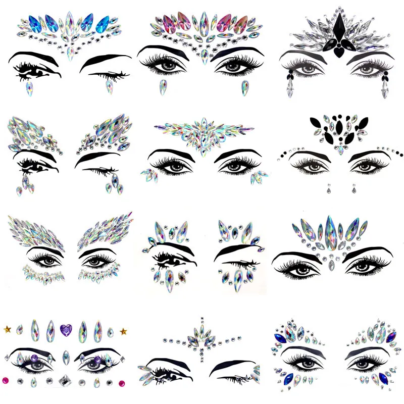 Autocollants de tatouage 3D à paillettes de cristal pour femmes, bijoux à la mode, visage, corps, yeux, gemmes, ornement de Festival gitane, maquillage, beauté
