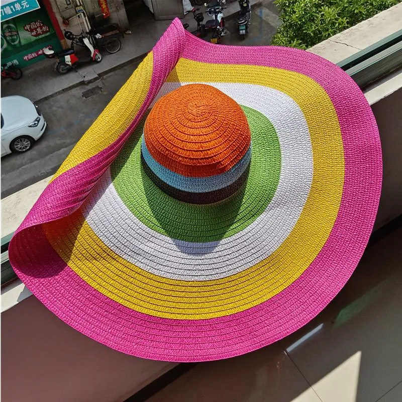 Wide Brim Hats Rainbow Striped Big Anti-ultraviolet Sunshade Sun Hat Beach With Wire Edge Can Be Folded ArbitrarilyWide