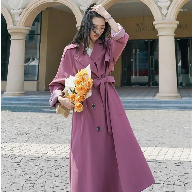 Casacos de trincheira feminina Spring Autumn Coat Womans Long Fashion 2022 Streetwear Loose Double Windted Breaker Overcoat feminino L018