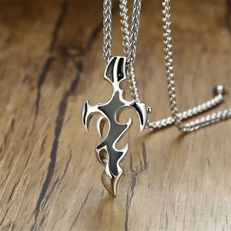 Pendant Necklaces Mens Vintage Tribal Fire Cross Charm Stainless Steel Punk Necklace Men Jewelry With 24 InchPendant