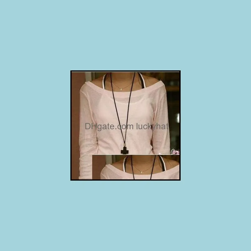 New Simple Wooden Cross necklaces For women Wood Crucifix Pendant with Black Brown String Rope Long chains Fashion Jewelry in Bulk