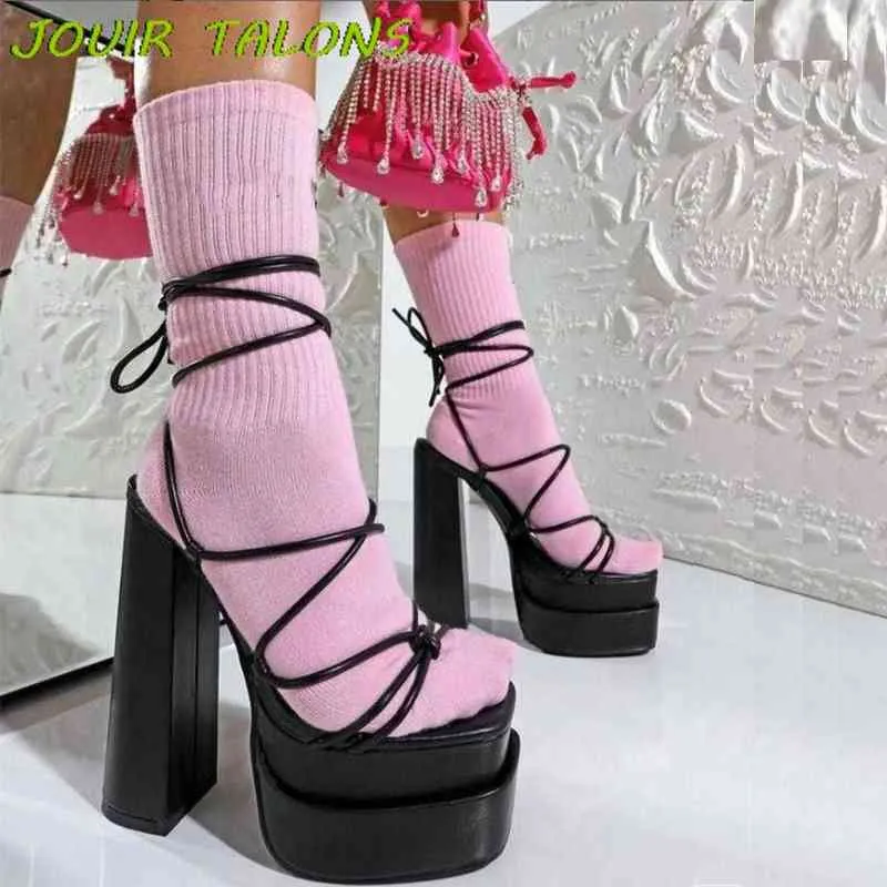 2022 neue Marke Frühling Sommer Sandalen Offene spitze Chunky Plattform Hohe Starke Ferse Frauen Sexy Elegante Party Büro Lace Up schuhe Y220409