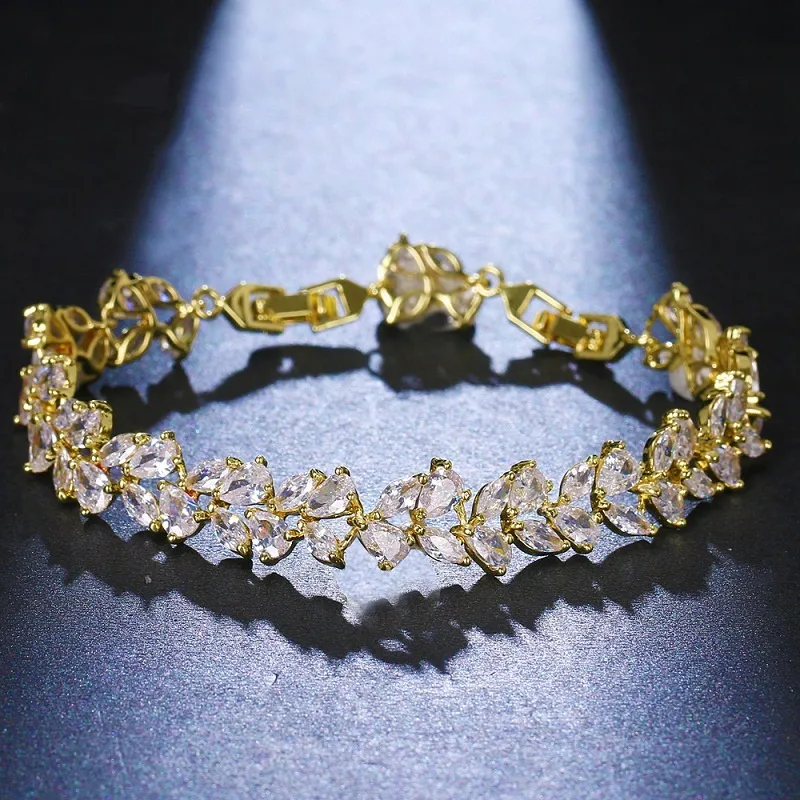 Braccialetto di zirconi con foglie in oro rosa di lusso vintage per le donne Accessori di fascino per gioielli da sposa con braccialetti da sposa lucidi