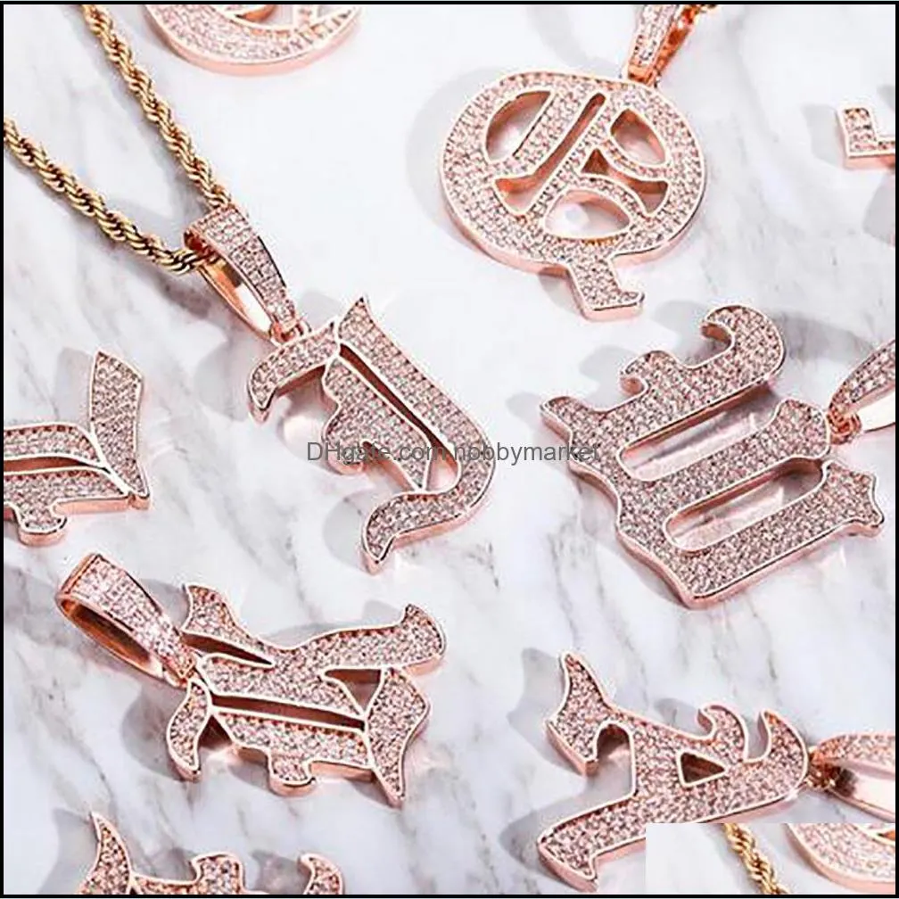 Iced Out A-Z Old Style Writing Letters Pendant Necklace Ancient Letter Charm with 24inch Rope Necklaces Zirconia Hiphop Jewelry