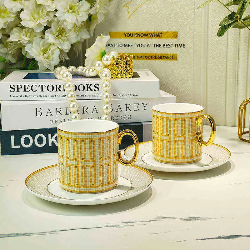 2024 New Style Luxus-Mosaik-Kaffeetassen- und Untertassen-Set mit Gold-Handel-Keramik-Cappuccino-Nachmittagstee-Tasse, 2-teiliges Kaffeetassen-Set