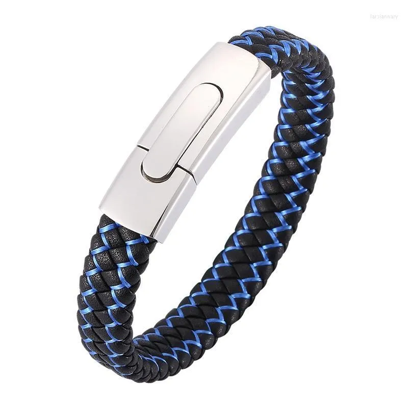 Charm armband mode män smycken svart läder rep blå nylon blandad väv man armband rostfritt stål clasps man armband pd0045 lars22