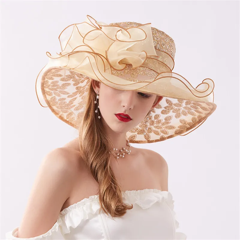 Organza Wide Brim Derby Sun Hat with Flower - Tea Party Wedding Church Women Wide Brim Kentucky Derby Church Sunhat Wedding Bridal  main image 4