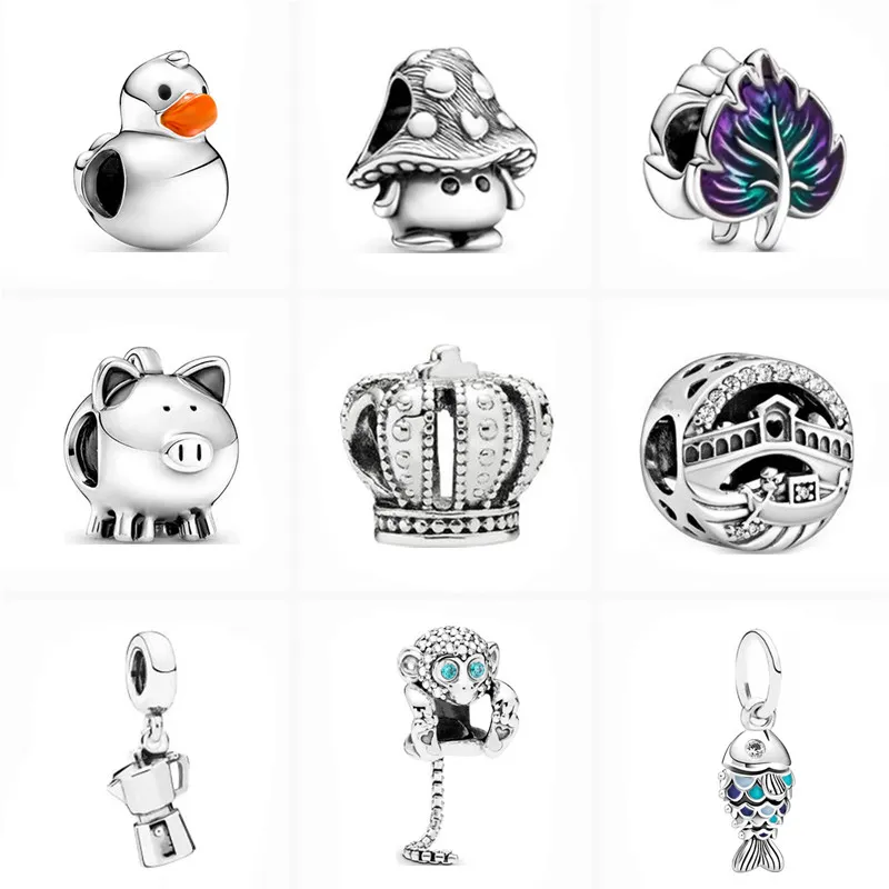 Novo popular 925 Sterling Silver Silver European Blue Scale Fish Charm Monkey Crown Folhas Contas de cogumelos para pulseira de prata Pandora original Jóias DIY