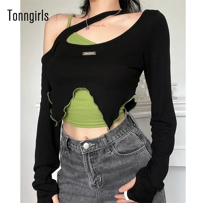 Tonngirls Y2k Vintage Tshirt Grunge Tie Dye Crop Tops 2piece Women Casual Camis Tshirt Streetwear Long Sleeve Lace Up Tee Top 220816