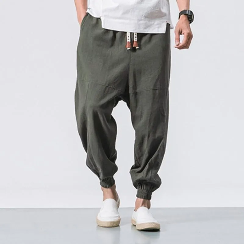 Męskie spodnie maluchowe spodnie darowizny lniane mężczyźni z kieszeniami bawełniany sznurka elastyczna średnia talia solidne masy męskie spodnie