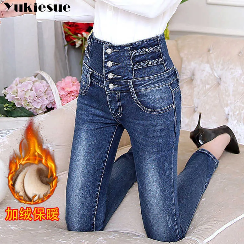 Jeans de mulheres quentes e espessos de inverno com corda alta mãe mãe feminina magra para mulheres jean femme plus size preto 210608