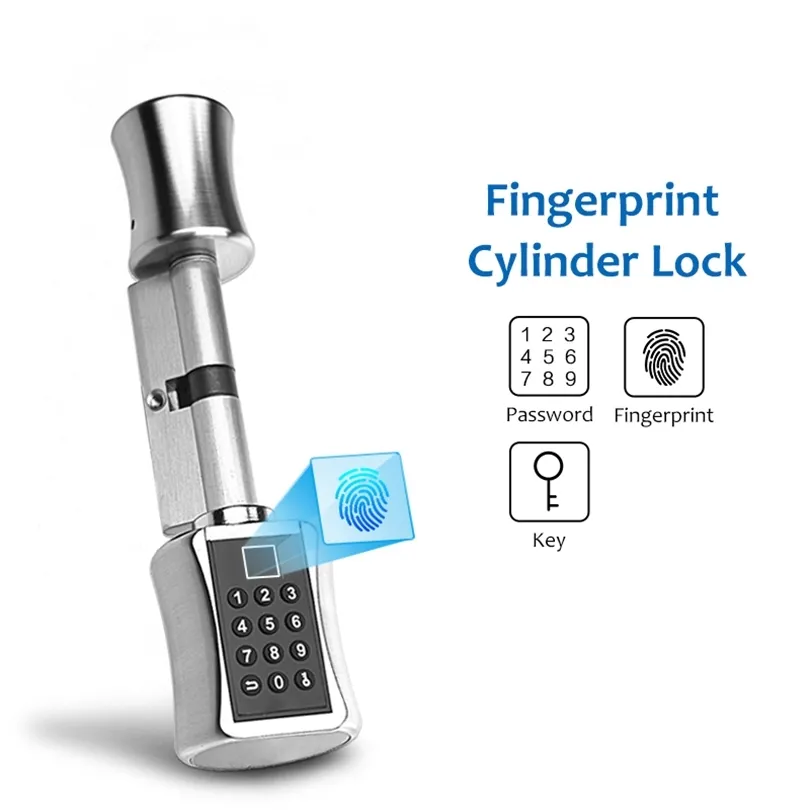 Biometriskt fingeravtryck Smart Cylinder Lock European Elektronisk dörrlås Digital knappsats Key Less Lock for Home Apartment 201013