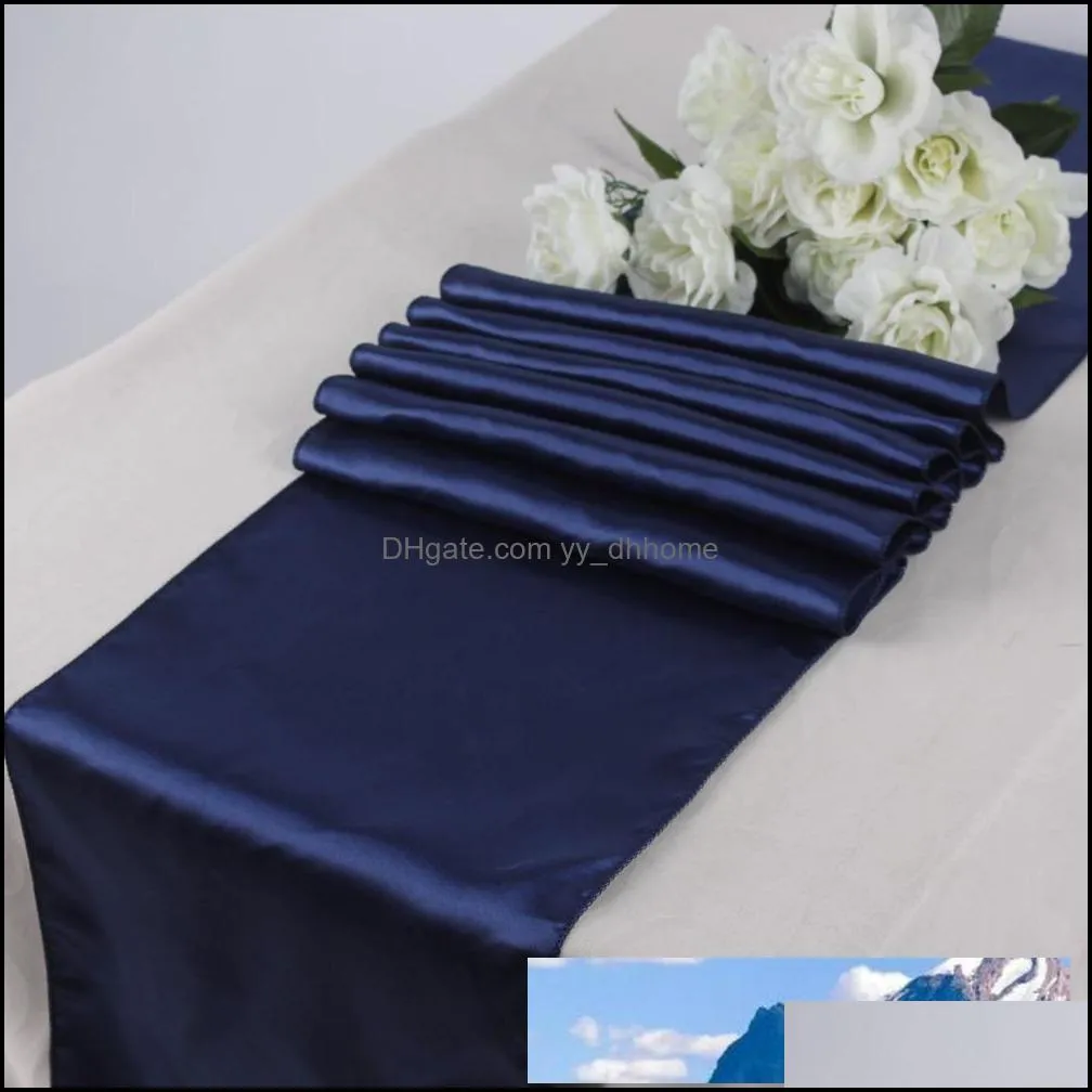 Tafelloper Doeken Home Textiel Tuin Groothandel- Nieuwe 10stcs Navy Blue Satin Runners 12 "X 108" Wedding Party Decorations Drop Delivery 2