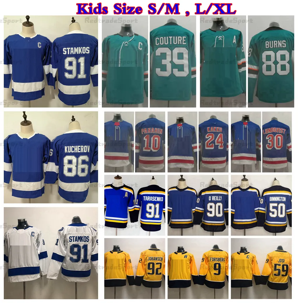 Crianças Vladimir Tarasenko O'Reilly Binnington Hóquei Jerseys Steven Stamkos Kucherov Brent Burns Logan Couture Kakko Panarin Lundqvist Forsberg Johansen Josi Camiseta