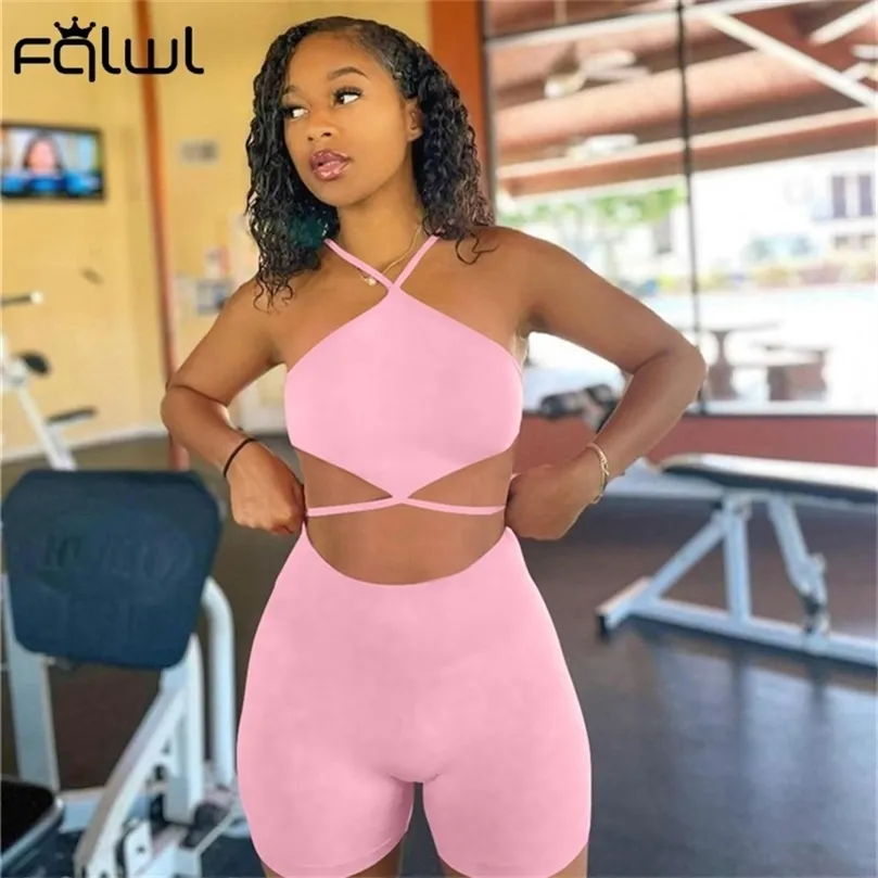 FQLWL Bodycon Summer Streetwear 2 Two Piece Sets Women Outfits Backless Halter Crop Top Biker Shorts Sets Pink Casual Tracksuit 220602