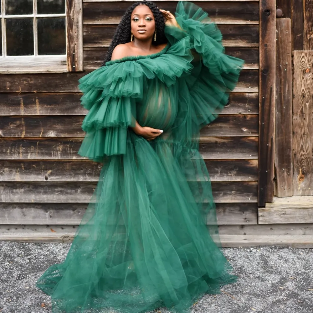 Green Maternity Dresses for Photoshoot 2022 Women's Prom Dress Ruffled Long Sleeve Off the Shoulder Gowns vestido de novia