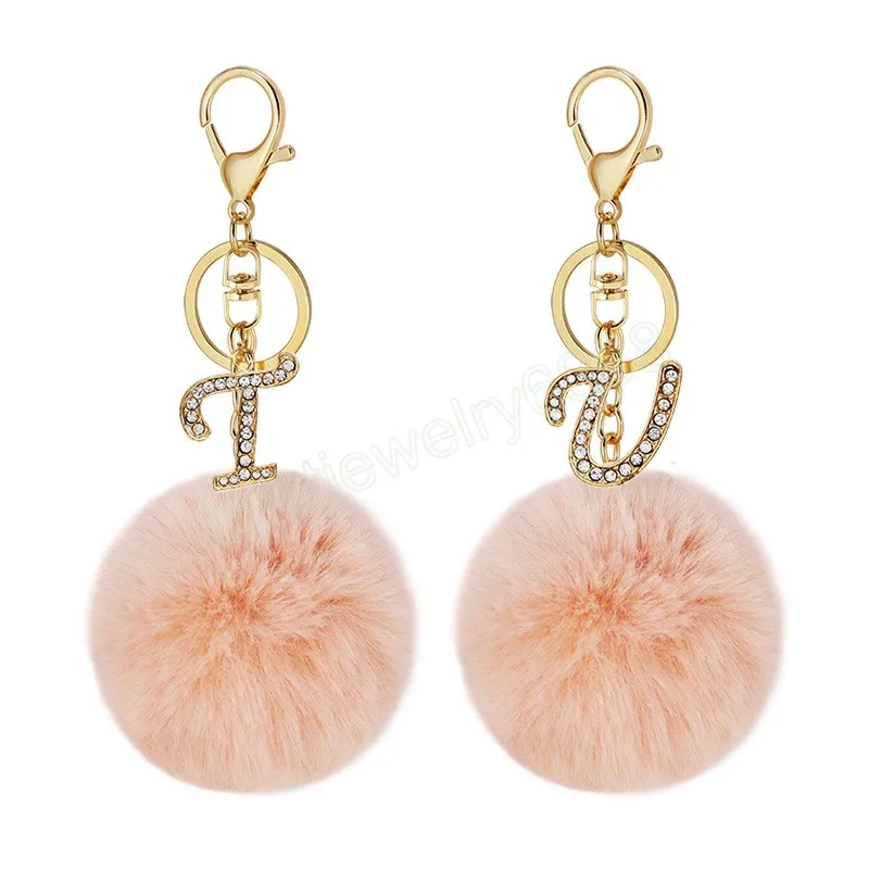 Fluffy Pink Pompon Faux Rabbit Fur Ball Keychain Crystal Golden Letters Portachiavi Portachiavi Trendy Jewelry Bag Accessori Regalo
