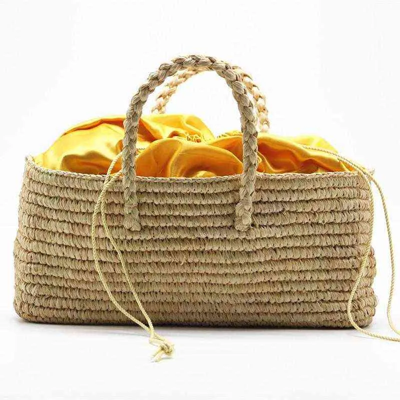 Shopping Bags Summer Straw Woven Handbags for Women Hollow Basket Bags Fashion Drawstring Tote Shopper Tote Ladies Quality Top Handle Bags 220412