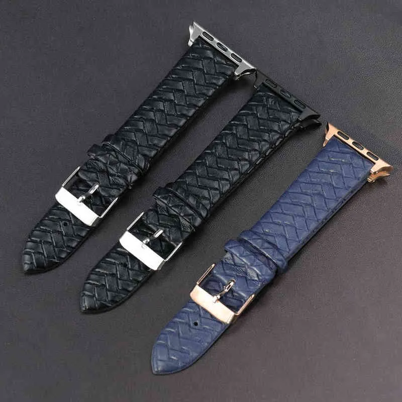 Apple Strap Black Blue 38/40/41 MM編まれたパターンソフトリプレースバンドのステンレス鋼のバックルG220420