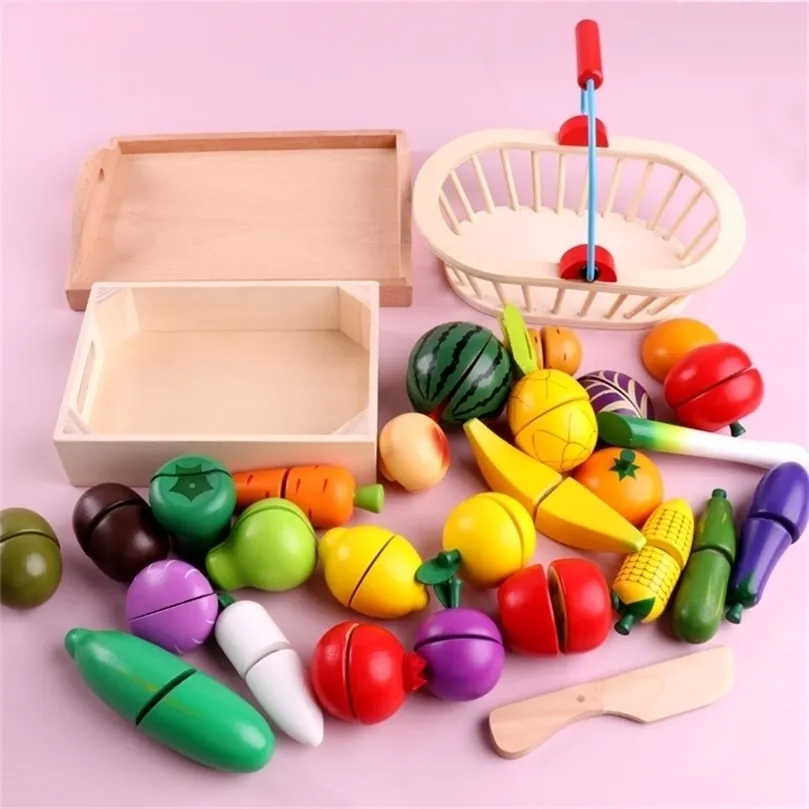 Kids Toys Wooden Kitchen Toys Cutting Fruit Vegetables Miniature Food Preschool Baby Early Educational Toys For Children Gift LJ201211