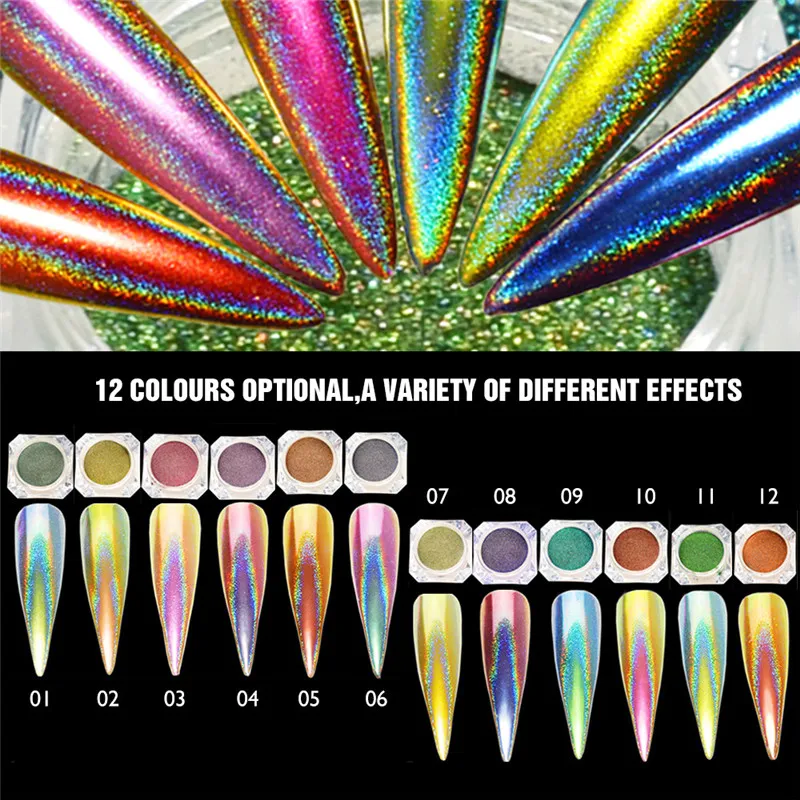 12 Farben Laser Chamäleon Pfau Glitzerpulver Holographischer Spiegelstaub Pigmentpulver Chrom Glitzer UV Gel Lack