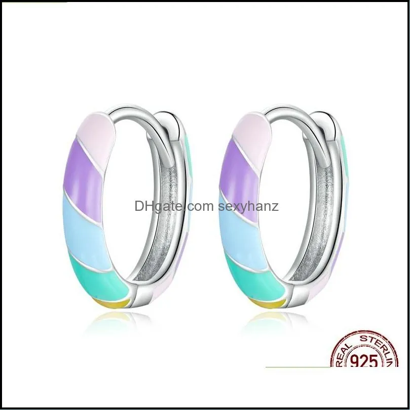 bamoer Genuine 925 Sterling Silver Rainbow Color Enamel Heart Hoop Earrings for Women 2020 New Ear Hoops Female Jewelry SCE909 20 w2