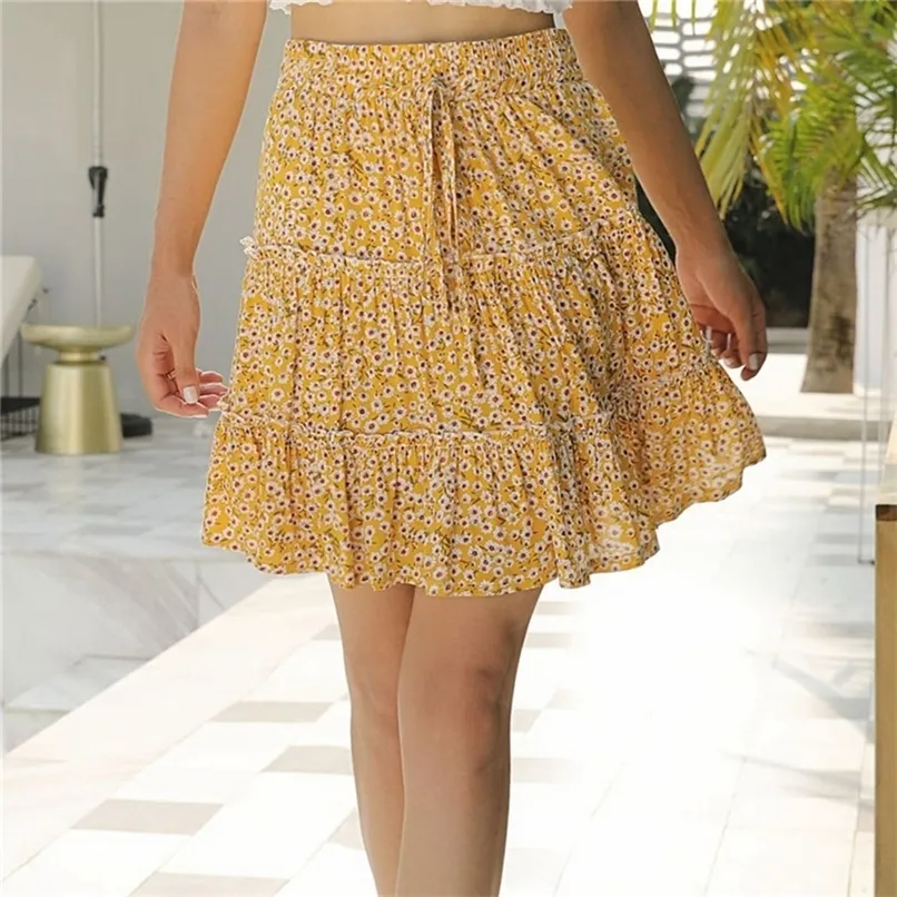 Summer mini kjol blommig tryck sexig boho kort kjol för kvinnliga mode damer hög midja krusiduller strand veckade kjolar 220611