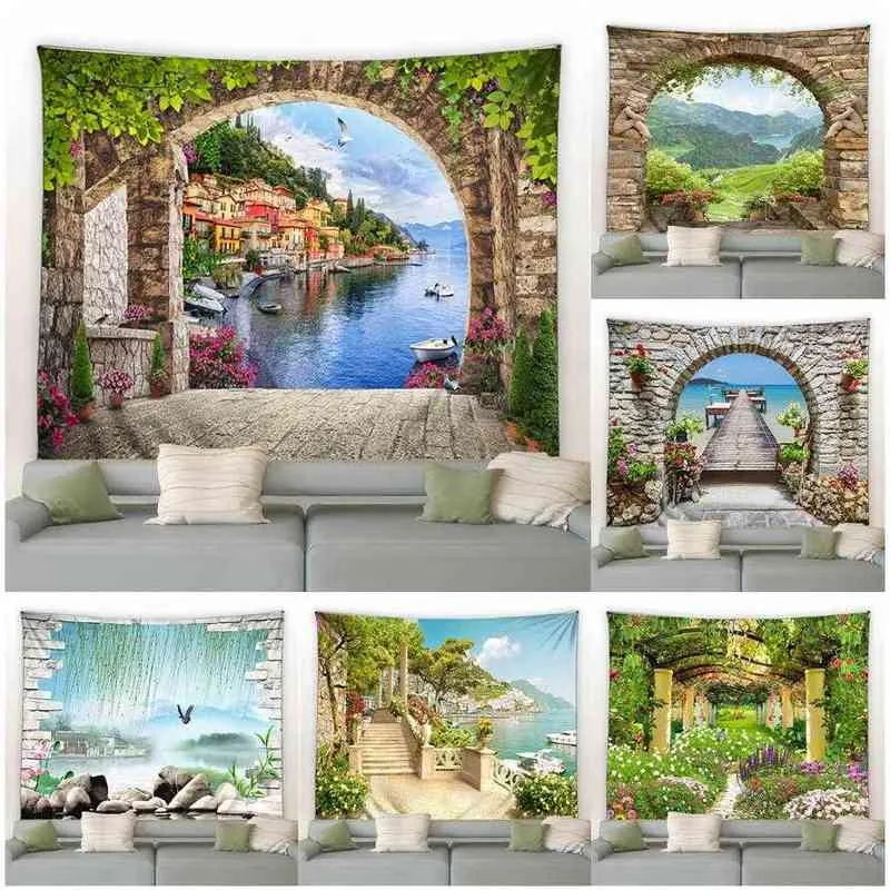 Tapestry Beach Landscape Wall Carpet Vintage Bow Flowers Plants Sea Boat Nature