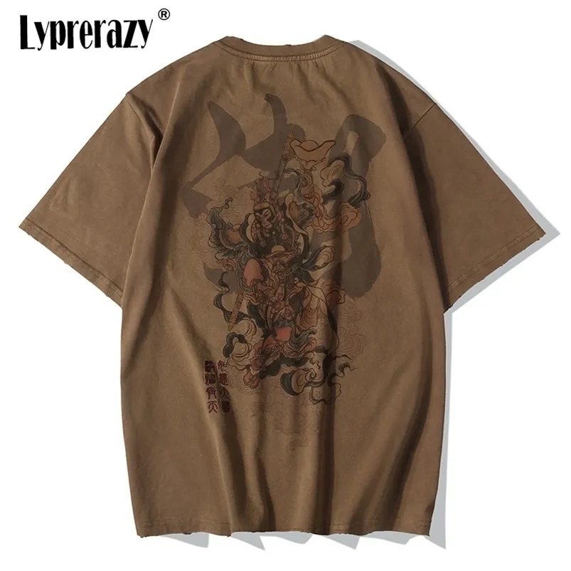 Lyprerazy 중국 빈티지 원숭이 왕 자수 T 셔츠 Tshirt 남자 스트리트웨어 Tshirt 힙합 4xl 옷 갈색면 220614