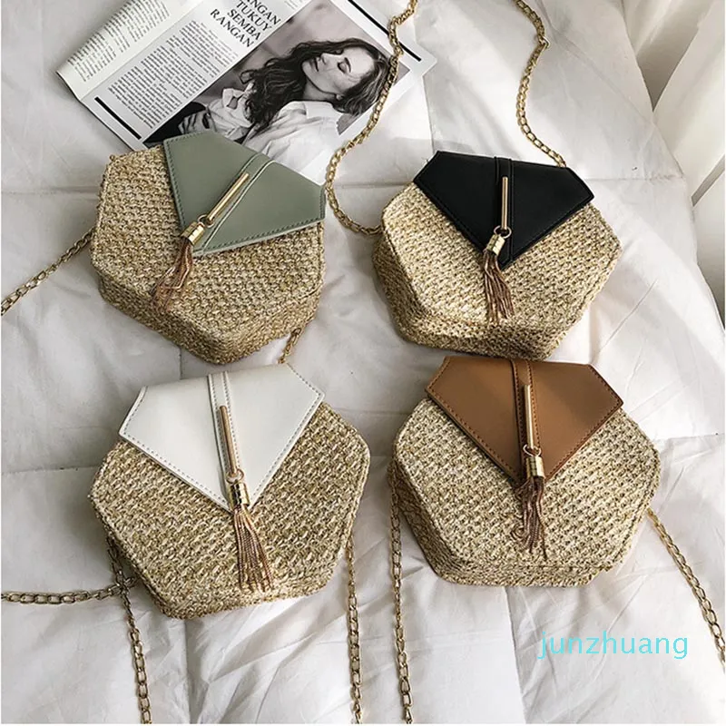 HBP Straw PU Mulheres Bolsa de ombro de ombro Handmade Rattan Bolsa Summer praia praia bohemia Tassel Bolsas de viagem para mulheres Mensageiros da cadeia