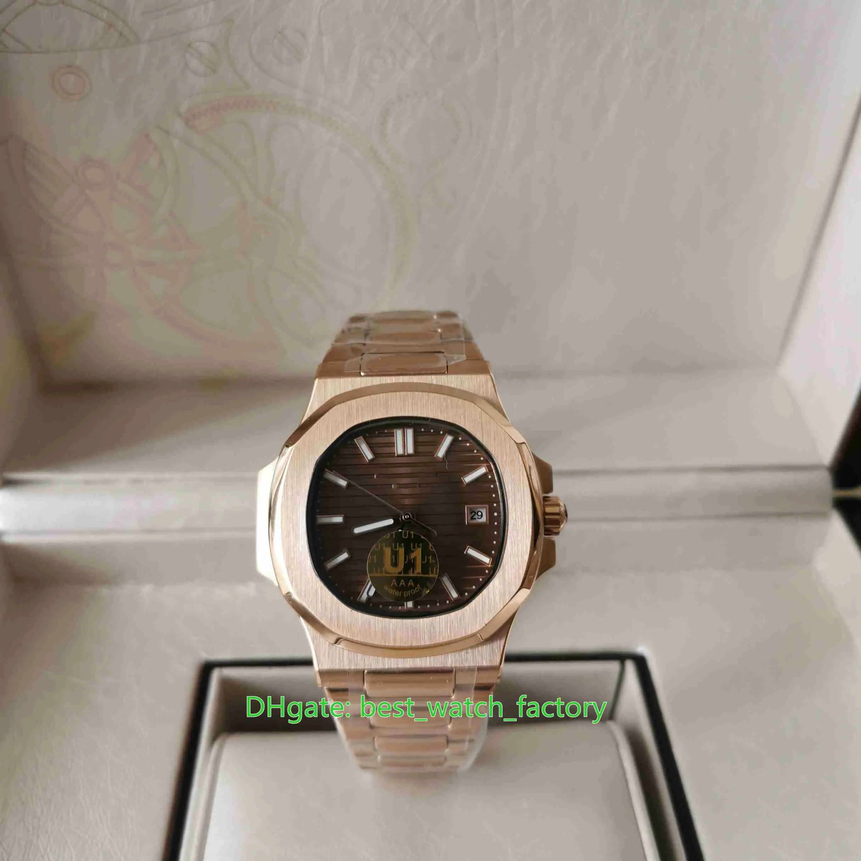 С коробками бумаги U1F Mens Mens Watch 40,5 мм Nautilus 5711 Brown Dial 18K Rose Gold Toping Watches Прозрачные 324SC Механические автоматические мужские наручные часы