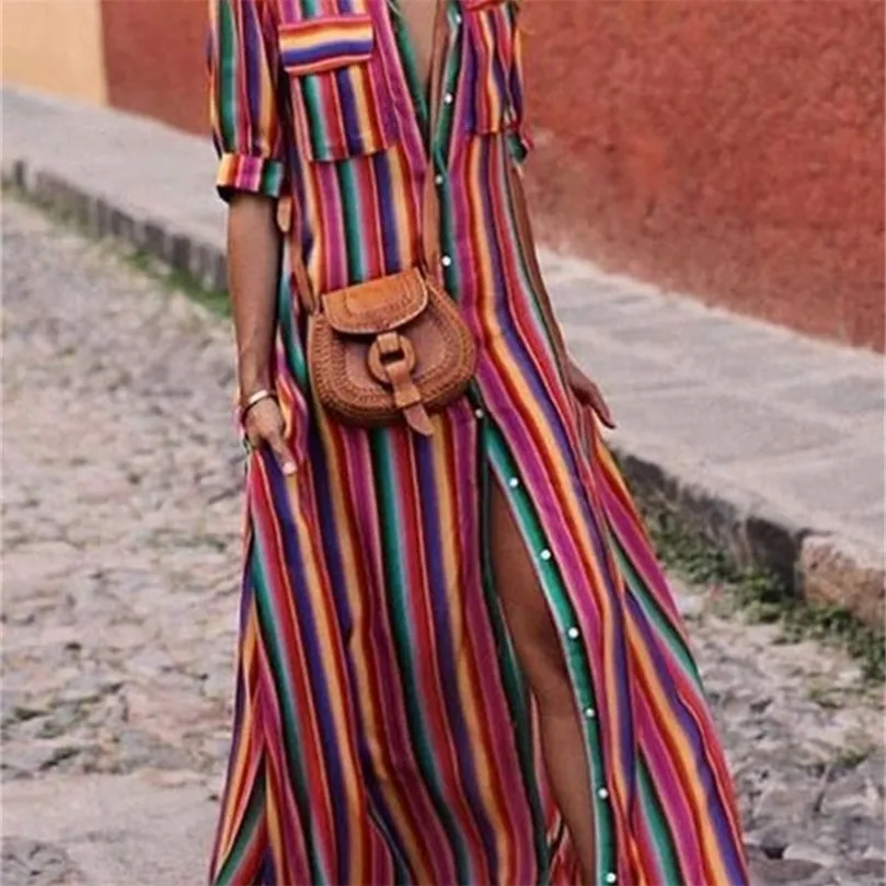 Plus Size Runway Dress Summer Women Dress Long Maxi Abiti Bohemian BOHO manica corta Beach Rainbow Striped Shirt Dress LJ200818