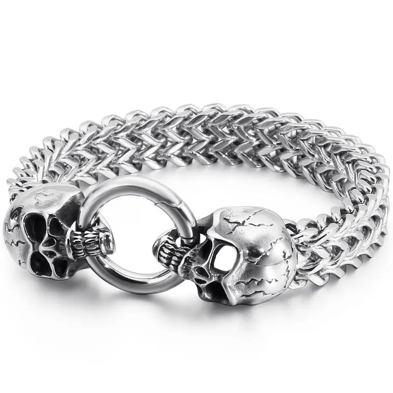 Link Chain Gothic Double Skull Man Bracelet in Stainless Steel Mens Charm Bracelets Steampunk Skeleton Jewellery Guests Giftslink