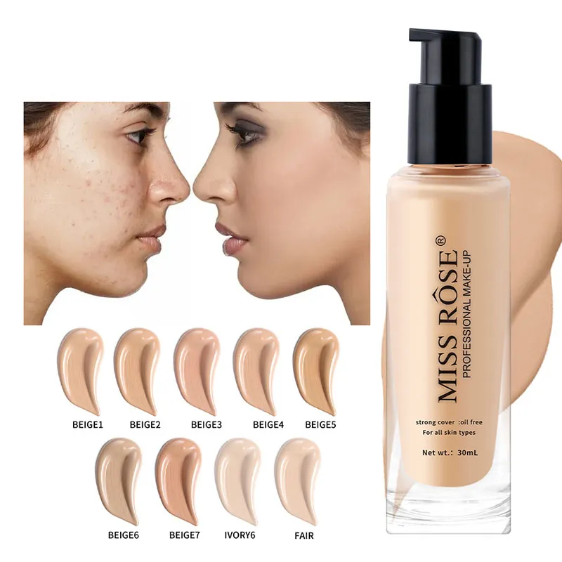 Miss Rose Liquid Foundation Cream Coverer Yağ Kontrolü Yumuşak Yüz Makyaj Vakfı Kozmetik 30ml
