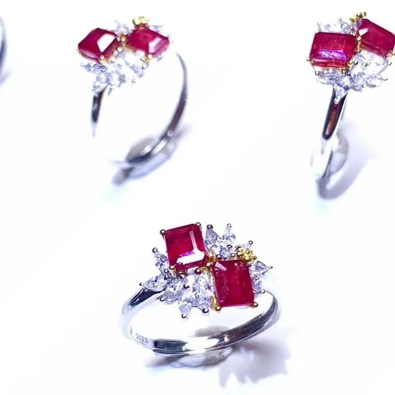 Klusterringar naturliga duva blodröd rubin ädelsten ring för kvinnor riktiga 925 sterling silver fin bröllop juvelry cluster