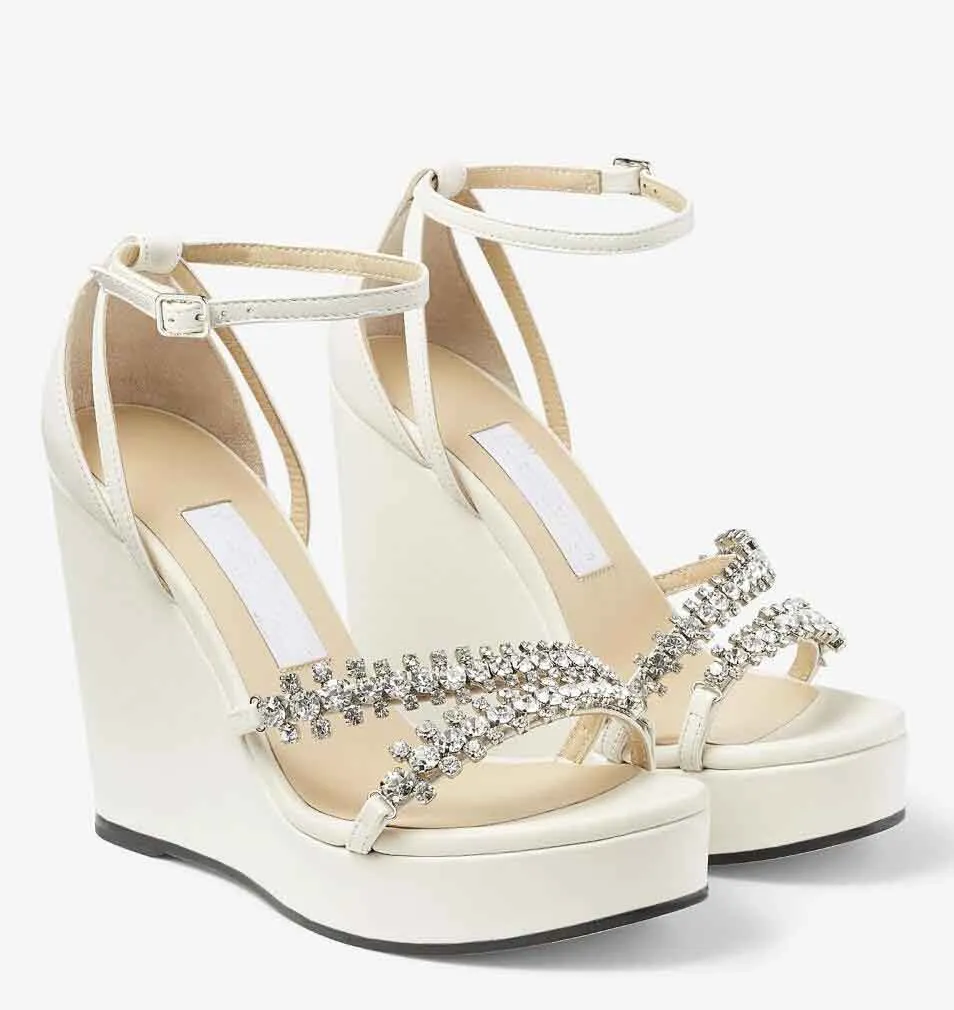 Summer-ready style Bing Sandals Shoes Women Wedges Heels Latte Nappa Leather Crystal-embellished Toe Straps Party Wedding Comfort Walking