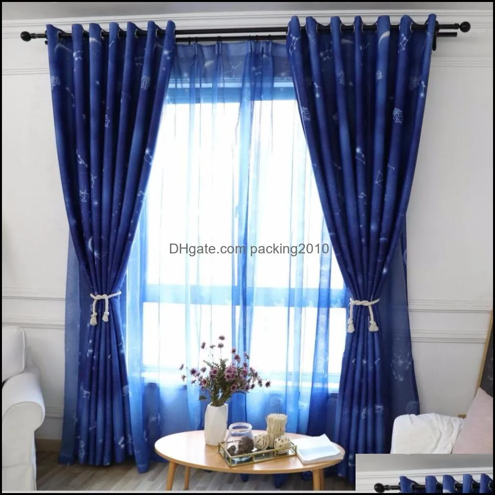 Blue Shade Curtains Romantic Starry Sky Tulle For Living Room Children`s Bedroom Star Rideaux For Kids Window Drapes